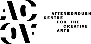 ACCA logo: Black and white 3D lettering spelling out 'ACCA' next to the words 'Attenborough Centre for the Creative Arts' in black lettering on 5 off-centre lines.